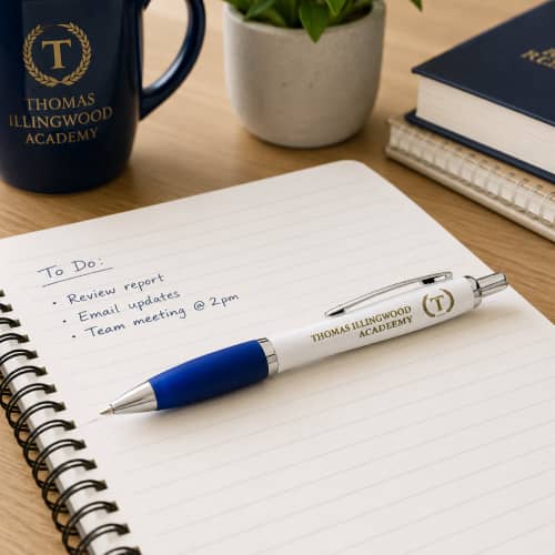 Lifestyle image of the Nash White Barrel Ballpens with Coloured Grip by Total Merchandise