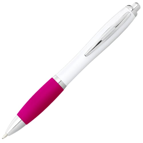 Nash White Barrel Ballpens with Coloured Grip in White/Pink