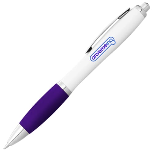 Nash White Barrel Ballpens with Coloured Grip in White/Purple