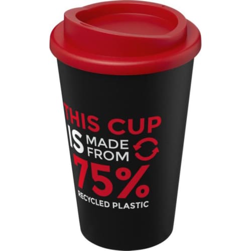 Custom printed Americano Eco Part Recycled Coffee Cups in Black/Red by Total Merchandise