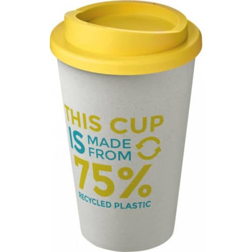 Branded Americano Eco Part Recycled Coffee Cups in White/Yellow with logo by Total Merchandise