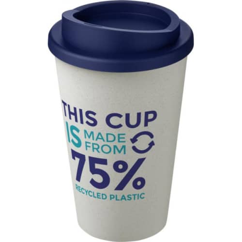 Branded Americano Eco Part Recycled Coffee Cups in White/Blue with logo by Total Merchandise