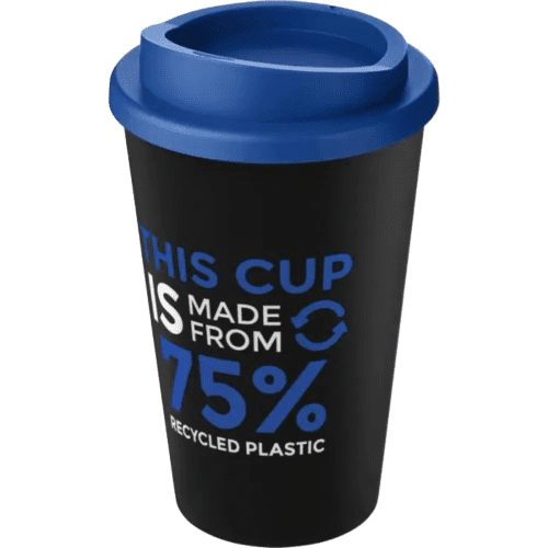 Printed Americano Eco Part Recycled Coffee Cups in Black/Mid Blue with logo by Total Merchandise