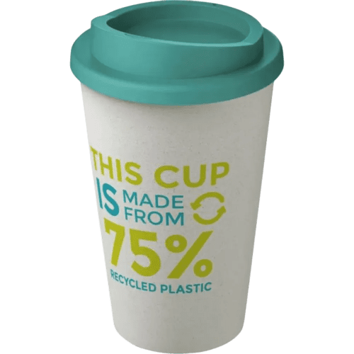 Promotional Americano Eco Part Recycled Coffee Cups in White/Aqua Blue by Total Merchandise
