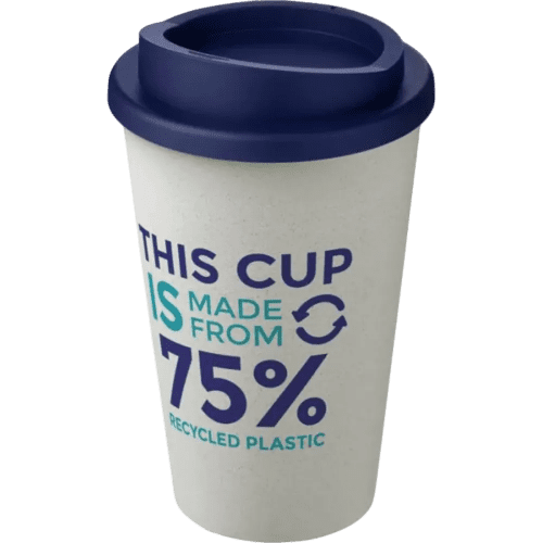 Branded Americano Eco Part Recycled Coffee Cups in White/Blue with logo by Total Merchandise