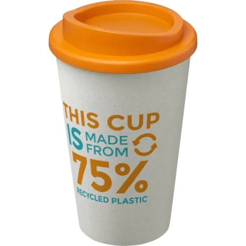 Printed Americano Eco Part Recycled Coffee Cups in White/Orange with logo by Total Merchandise