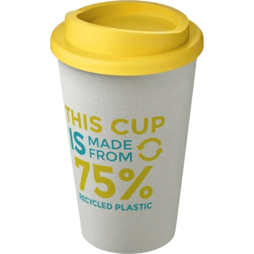 Branded Americano Eco Part Recycled Coffee Cups in White/Yellow with logo by Total Merchandise