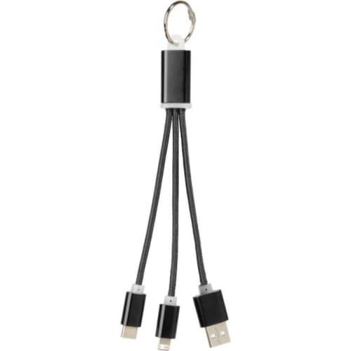 Branded Metal 3 in 1 Charging Cable Keyring with a design from Total Merchandise