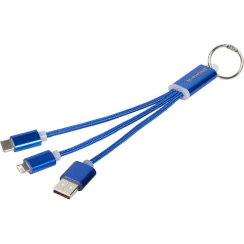 Logo printed Metal 3 in 1 Charging Cable Keyring with a design from Total Merchandise