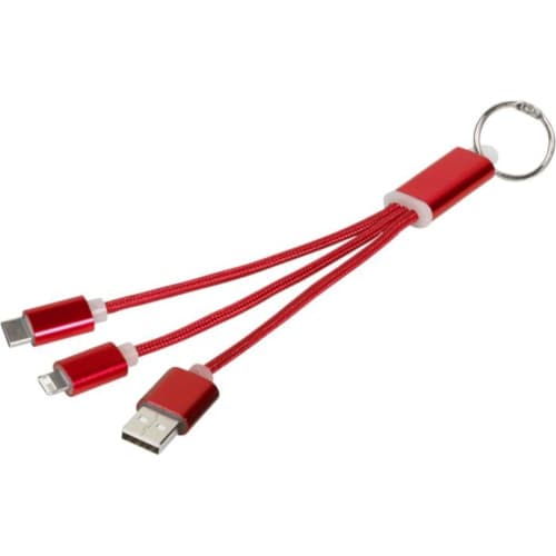 Branded Metal 3 in 1 Charging Cable Keyring with a design from Total Merchandise