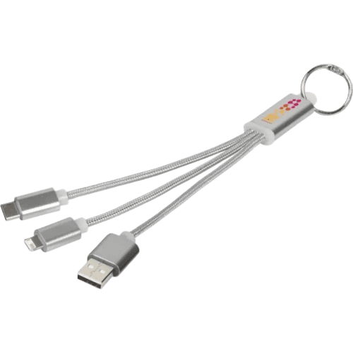 Custom branded Metal 3 in 1 Charging Cable Keyring with a printed design from Total Merchandise