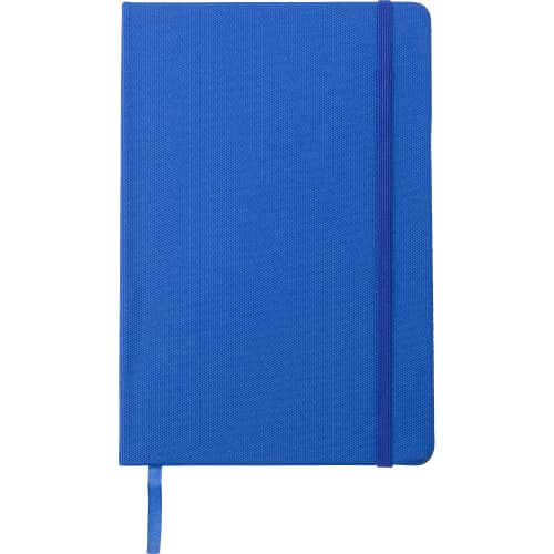 Promotional A5 rPET PU Notebooks in Blue that you can personalise in spot colour print