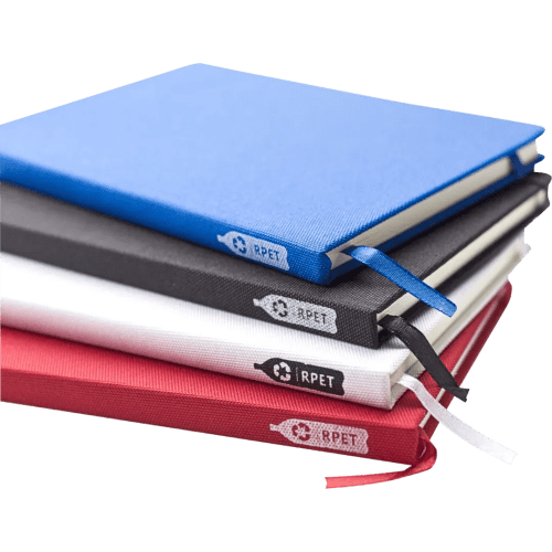 Custom printed A5 rPET PU Notebooks showing all of its available colours