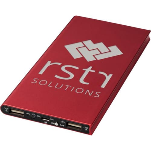Promotional 8000mAh Plate Aluminium Power Banks in Red engraved with a company logo