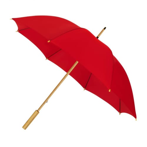 Custom branded Eco Impliva rPET Bamboo Umbrella in Red from Total Merchandise