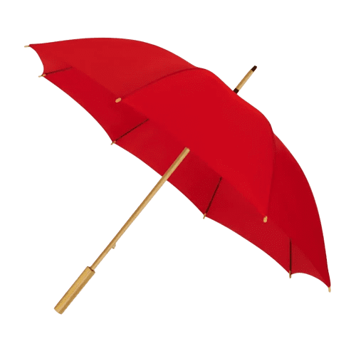 Custom branded Eco Impliva rPET Bamboo Umbrella in Red from Total Merchandise