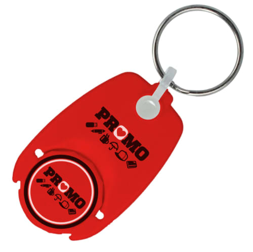 UK Printed Pop Trolley Coin Keyrings in Red Made from Recycled Plastic from Total Merchandise