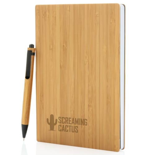 Custom branded Bambo Notebook & Pen Set with a promotional engraved design from Total Merchandise