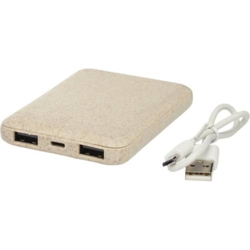 The Asama 5000mAh Wheat Straw Power Bank and the Micro-USB charging cable that is included