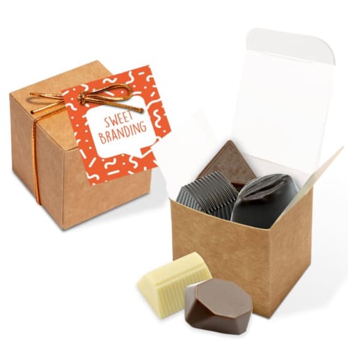 Logo-branded Eco Kraft Cube Truffles displaying a full colour print label from Total Merchandise