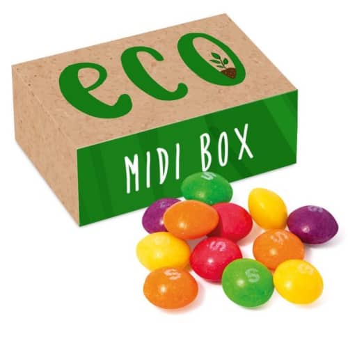 Promotional Eco Midi Box Skittles showing a custom printed label from Total Merchandise