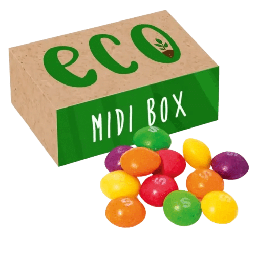 Promotional Eco Midi Box Skittles showing a custom printed label from Total Merchandise