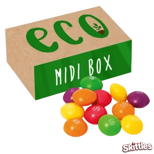 Promotional Eco Midi Box Skittles showing a custom printed label from Total Merchandise