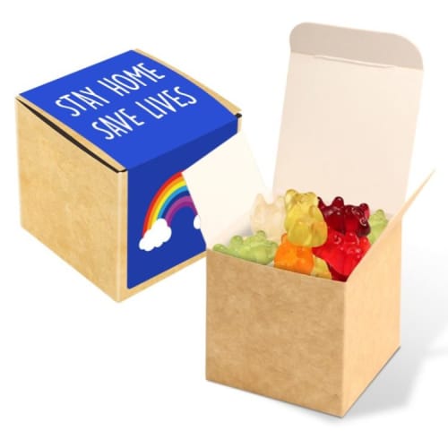 Custom-printed Eco Kraft Cube Vegan Bears showing a full-colour print label from Total Merchandise