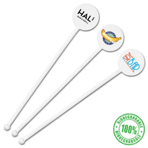 Logo-printed Biodegradable White PLA Cocktail Stirrers with a custom label from Total Merchandise