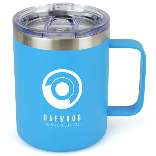 Promotional Vermeer Metal Travel Mugs in Cyan colour with logo print by Total Merchandise