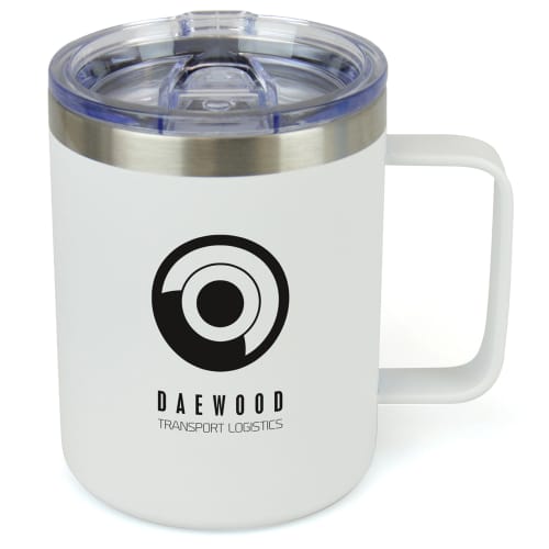 Branded Vermeer Metal Travel Mugs in White with black colour logo by Total Merchandise