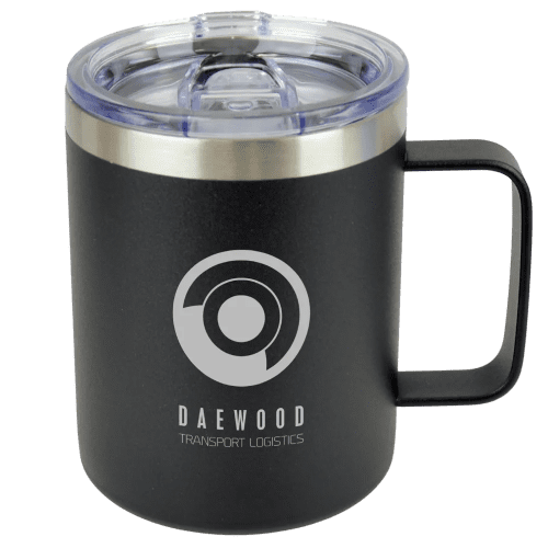 Printed Vermeer Metal Travel Mugs in Black with logo design on the front by Total Merchandise