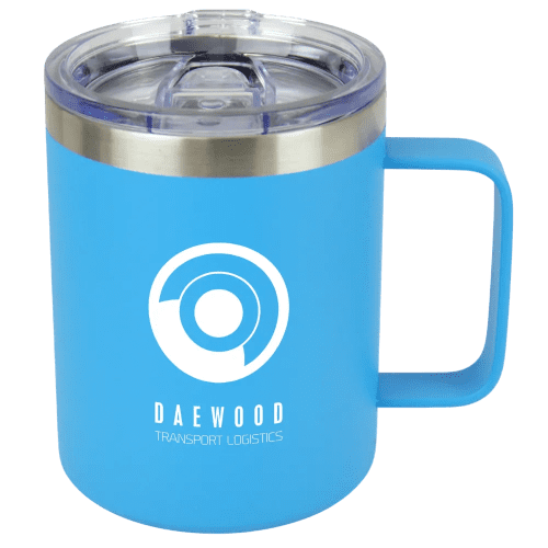 Promotional Vermeer Metal Travel Mugs in Cyan colour with logo print by Total Merchandise