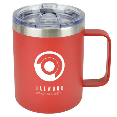 Custom printed Vermeer Metal Travel Mugs in Red with logo design by Total Merchandise