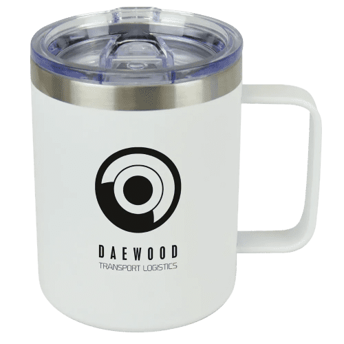 Branded Vermeer Metal Travel Mugs in White with black colour logo by Total Merchandise