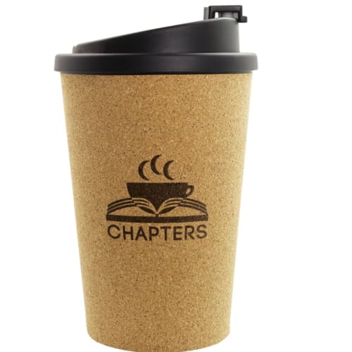 Custom-branded Cork Double Wall Travel Mug featuring engraved label from Total Merchandise