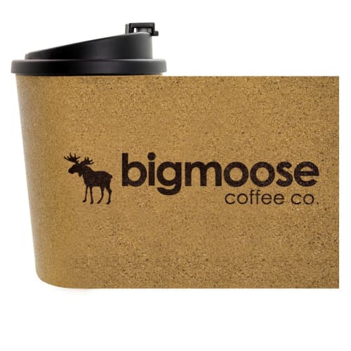 Promotional Cork Double Wall Travel Mug with its wraparound, engraved label from Total Merchandise