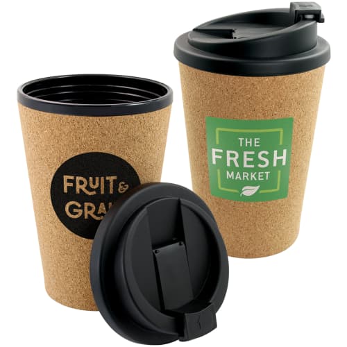 Custom Cork Double Wall Travel Mugs come in a range of sizes and colour prints.