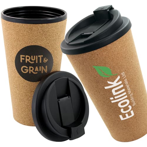 Logo branded Cork Double Wall Travel Mug 450ml displaying a company logo from Total Merchandise