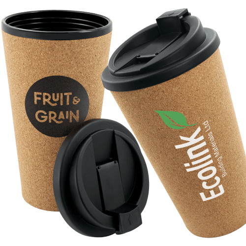 Logo branded Cork Double Wall Travel Mug 450ml displaying a company logo from Total Merchandise
