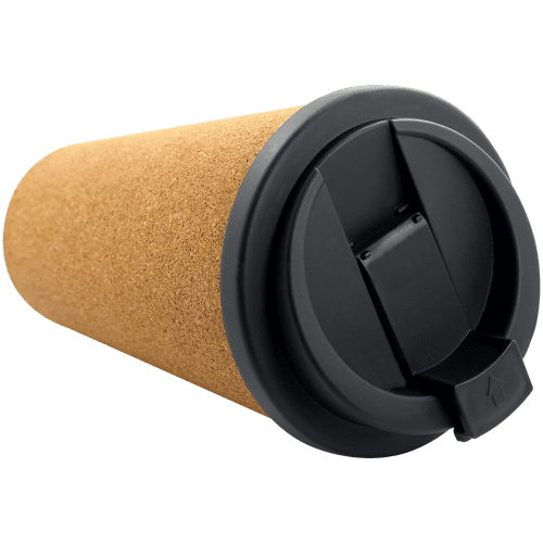 Cork Double Wall Travel Mug 450ml showing the spill proof lid from Total Merchandise