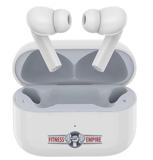 Custom-branded Wireless Smart Touch Earbuds case featuring printed label from Total Merchandise