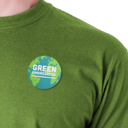 Promotional Seed Paper Button Badges pictured on a T-shirt printed full colour by Total Merchandise