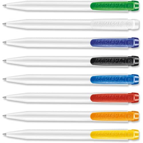 Promotional I-Protect Pens from Hainenko with 8 clip colours can be printed by Total Merchandise.