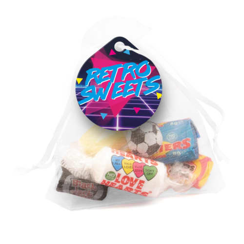 Custom printed Organza Bag Retro Sweets in White Printed with a Logo by Total Merchandise