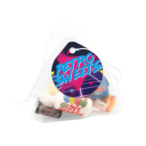 Custom printed Organza Bag Retro Sweets in White Printed with a Logo by Total Merchandise