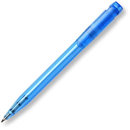 Customisable Pier Transparent Pens from Hainenko in Light Blue are branded by Total Merchandise.