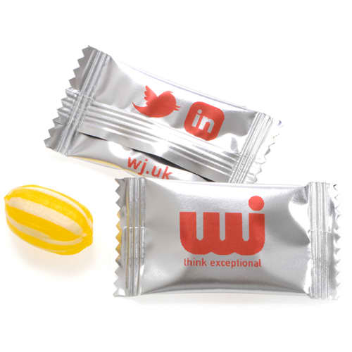 Promotional Fruit Sweets in Silver packet with printed logo on the front by Total Merchandise