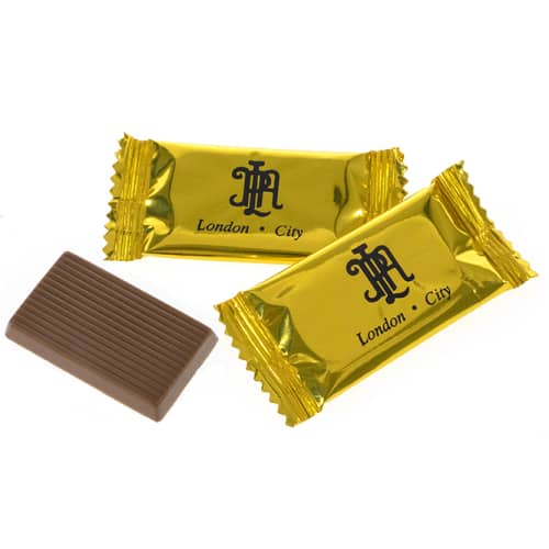 Printed Petit Chocolates in Gold packet with company logo on the front by Total Merchandise