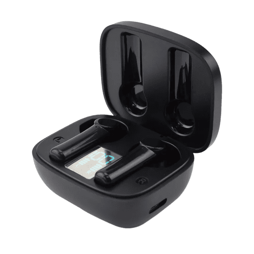 Tradeshow Digital Ear Buds in Black are branded by Total Merchandise in 1-2 spot colour printing.